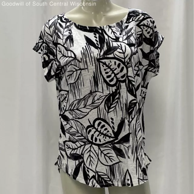 Wmns NWT Tahari Black and White Leaf Print Linen T-Shirt Sz L