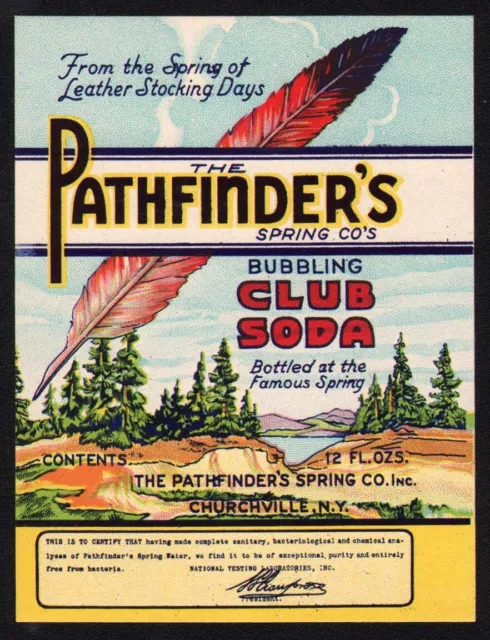 Vintage soda pop bottle label PATHFINDERS CLUB SODA feather 12oz Churchville NY