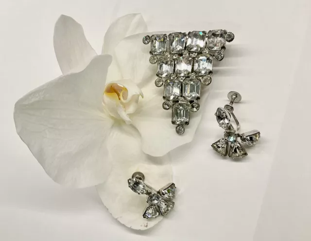 Vintage Art Deco Clear Rhinestone Dress Clip and Dangle Screwback Earrings Set