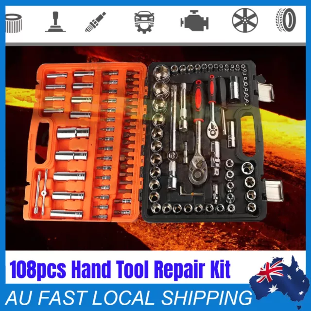 108PCS Tool Kit Socket Hand Set Ratchet Spanner 1/2"-1/4" Metric Wrench Driver