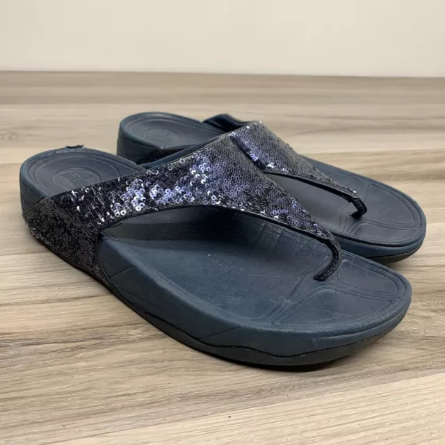 Fitflop Sequins Electra Flip Flops Sandal Open Toe Wedge Shoe Blue Women 9