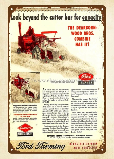 wall decor 1949 Ford Tractor Dearborn Wood Bros. Combine Farming metal tin sign