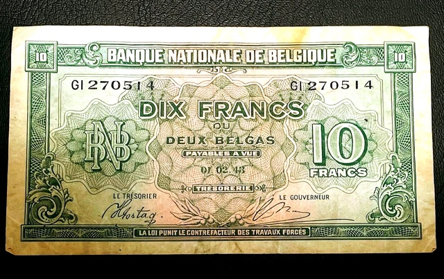 1943 Belgium Banknote 10 Francs Europe Paper Currency World Foreign Money WWII