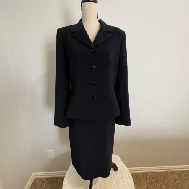 Tahari A.s.l. Size 10 Two-Piece Jacket And Skirt Suit Navy Blue Fully Lined