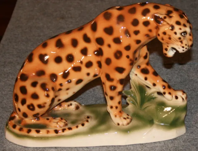 Rar Art Deco um 1920 imposante große Tierfigur Leopard Gepard Katze Keramik  Top