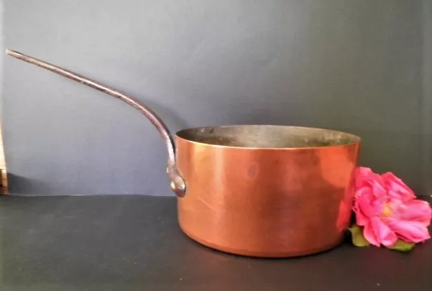 Antique French Copper Saucepan Cooking Pot Lrg 20.5Cm Rustic Kitchen Jardiniere 2