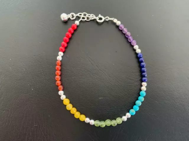 925 Sterling Silver Chakra Bracelet Rainbow Healing Multi Gemstone Beads