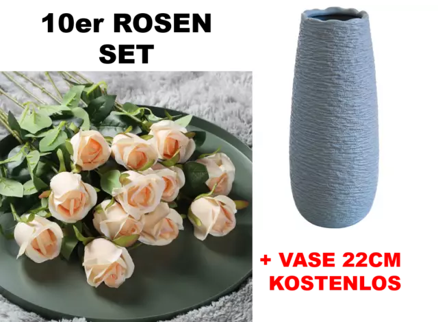 Künstliche Rosen 10er Set Kunstrosen Seidenrose 51 cm mit Stiel und Keramik Vase