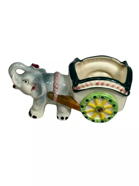 Vintage Elephant Pulling Cart Planter Kitsch Hand Painted Figure Made in Japan