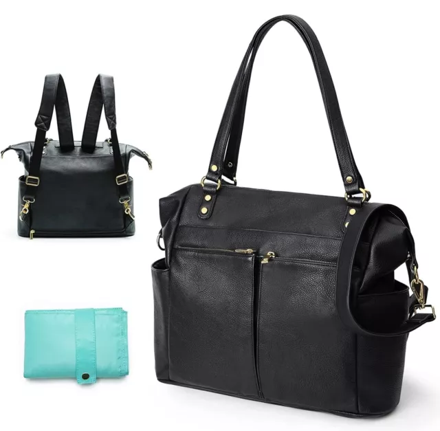 Diaper Bag Tote Mominside Black Leather Backpack for Mom Dad Large Travel Baby