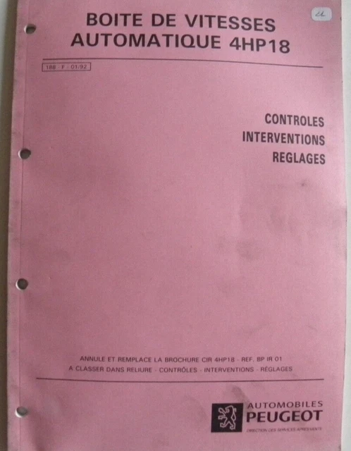 Manuel PEUGEOT boite de vitesses automatique 4HP18 ref 188 de 01/92
