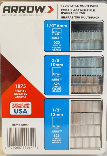 Arrow T50 Multi-Pack Staples - 1,875 Count Sizes 1/4 inch, 3/8 inch, and 1/2 inc