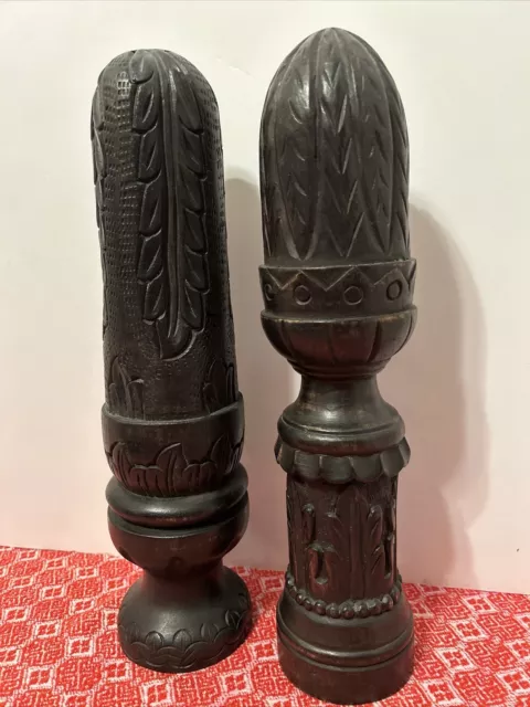 Carved Wooden Finial Solid Wood Set Of 2 Made In India 15" Tall Dark Wood