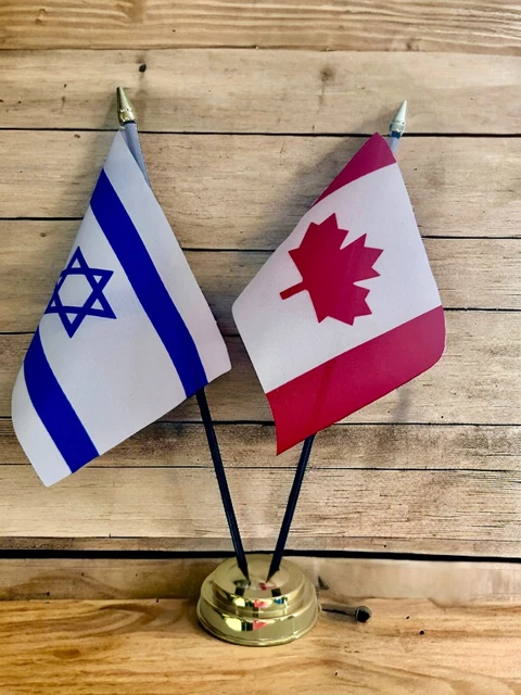 CANADA AND ISRAEL and TABLE FLAG SET 2 flags plus BASE 26cm tall