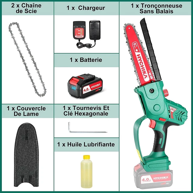 MINI TRONCONNEUSE A Batterie 18V, HYCHIKA 20 Cm Tronconneuse Electrique