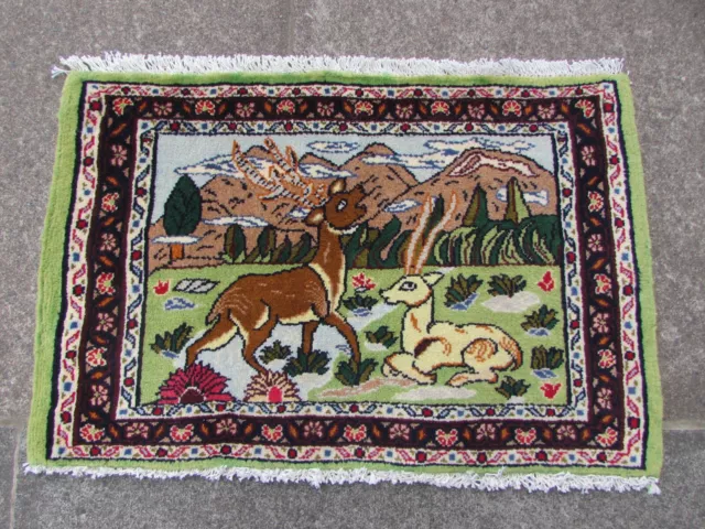 Vintage Traditional Hand Made Oriental Green Wool Small Rug 48x73cm Animal Scene