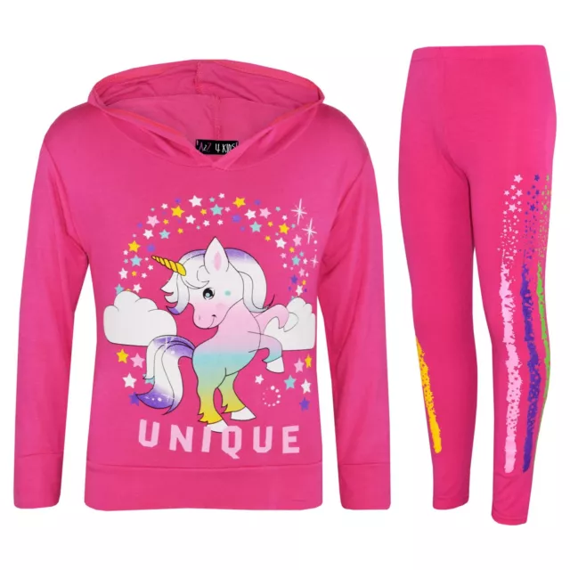 Kids Girls Dabbing Unicorn Unique Hooded Pink Top & Legging Set Floss Tracksuits