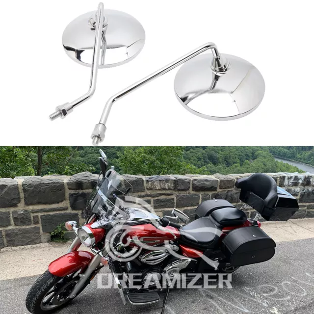 10mm Motorcycle Chrome Round Side Mirrors For Yamaha V-Star XVS650 950 1100 1300