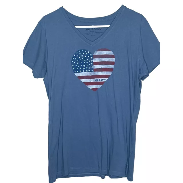 LIFE IS GOOD women's blue flag heart v neck t shirt size L $22.00 ...