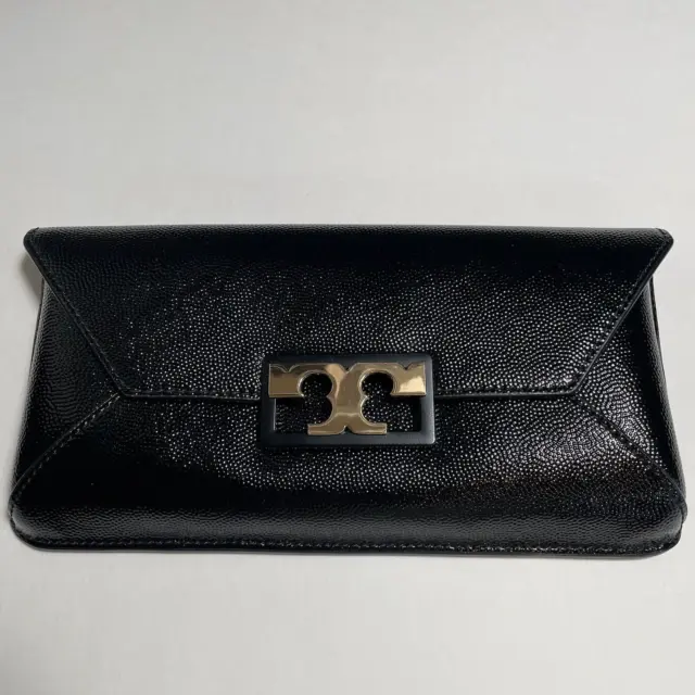 Tory Burch Gigi Clutch Black Textured Patent Leather Flap Front Magnetic Closure