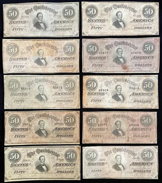 Lot of Ten (10) T-66 1864 $50 Confederate CSA Notes! Great for dealer/reseller!