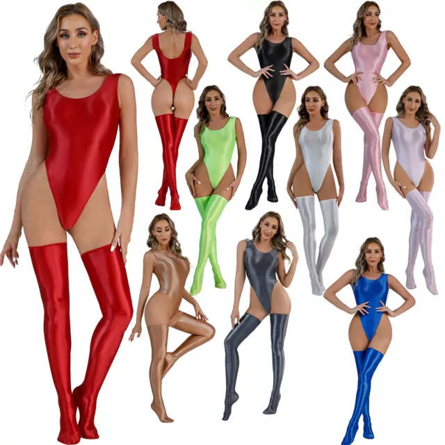 Womans Sexy Oil Shiny Glossy Full Body Suit Stockings Lingerie High Cut Jumpsuit