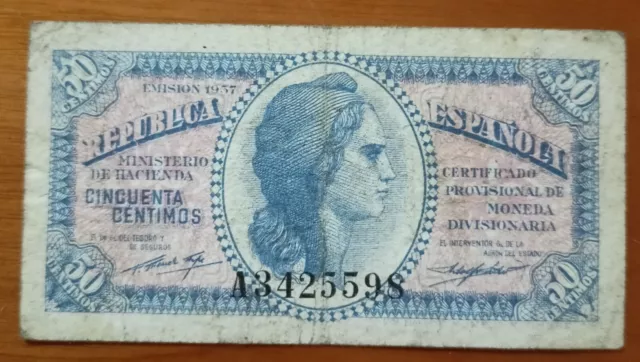 Billete 50 céntimos de peseta España 1937 República Española