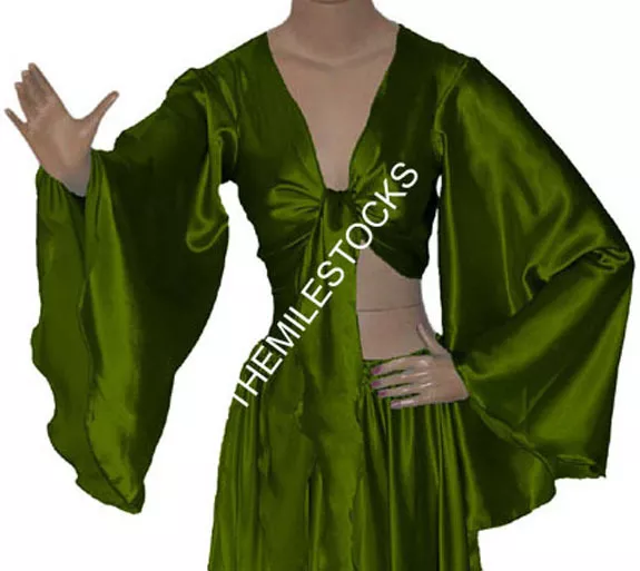 Olive Green - TMS Satin Flair Wrap Top Tie Belly Dance Choli Gypsy - 30 Color