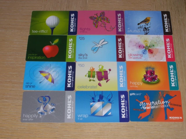 Kohl's   12 different new and used collectible gift cards