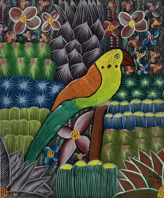 ORIGINAL HAITIAN ART PAINTING BY FRITZ JEAN HAITI BIRD IN FOREST 24x20
