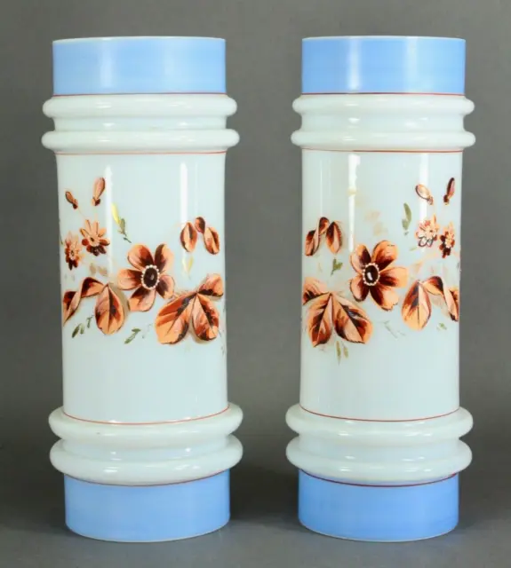 =Victorian 19th/20th c. Bristol Glass Vases, a Pair Opaque White Painted Flowers