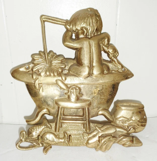 Vintage Art Nouveau Solid Brass Wall Ring Holder Bathing Boy Design Nr
