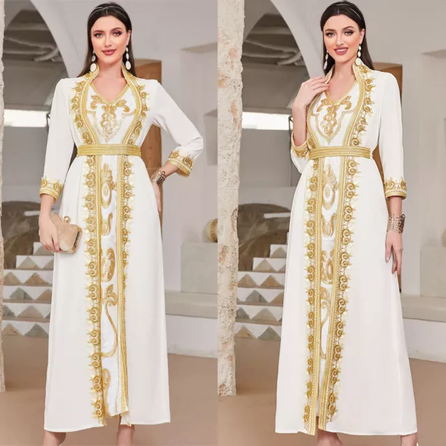 Dubai Muslim Embroidery Women Maxi Dress Abaya V-Neck Kaftan Evening Party Gown