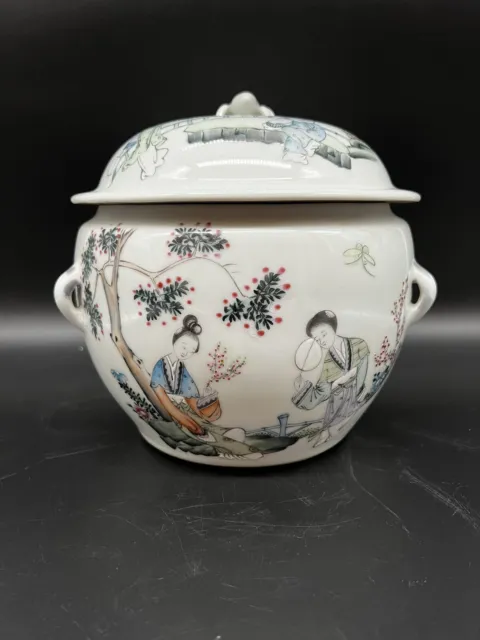 Chinesischer Porzellan Topf „Rosa Familie“, 20. Jahrhundert Gartenszene