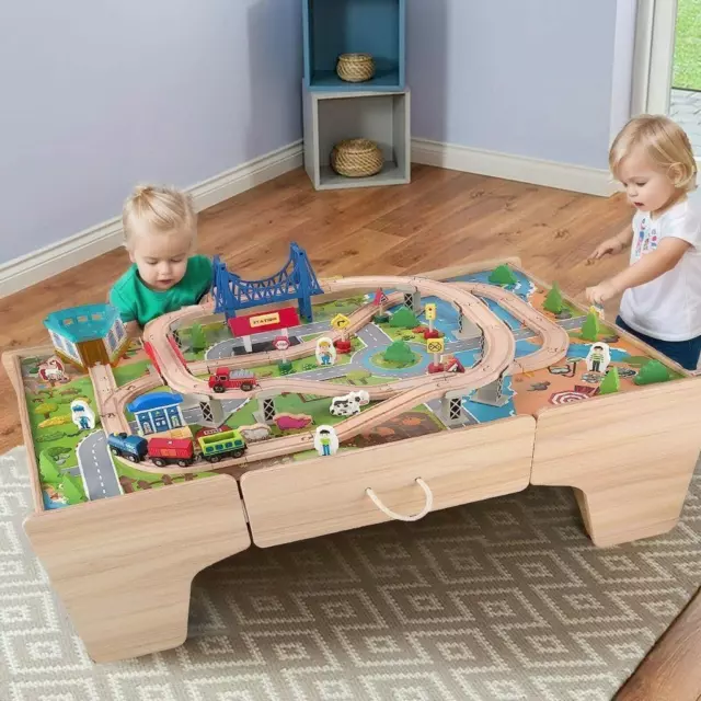 Kids Wooden Train Set Railway Activity Track Set Play Table with Storage Draw...