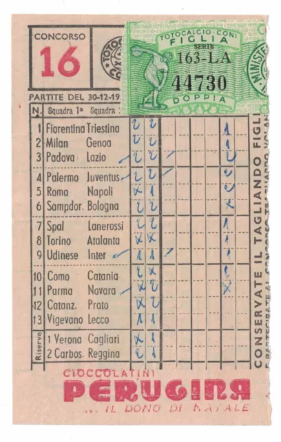 Schedina Totocalcio Coni pubblicità Perugina anno 1956/1957 n. 16