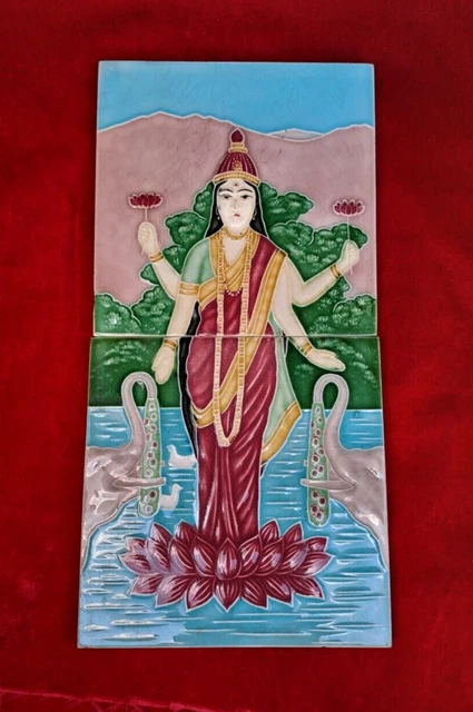 2 Pc 1 Set God Laxmi Ji Design Embossed Majolica Ceramic Old Tiles Japan 0377