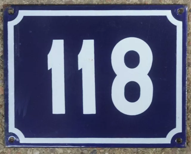 Large old blue French house number 118 door gate plate plaque enamel sign NOS