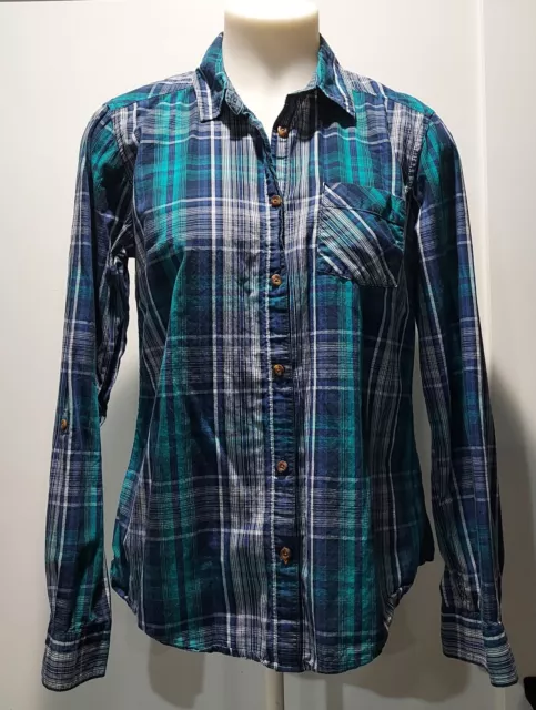 Women's Field & Stream Plaid Long Roll Tab Sleeve Button Blouse Shirt Size L