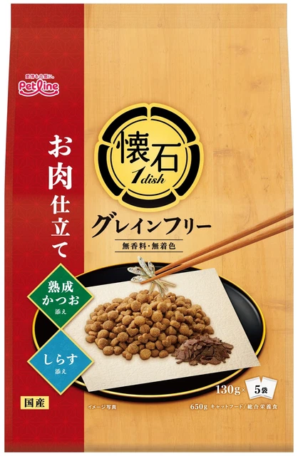 Línea para mascotas Kaiseki 1 plato comida para gatos preparación de carne sin granos bonito envejecido y whi