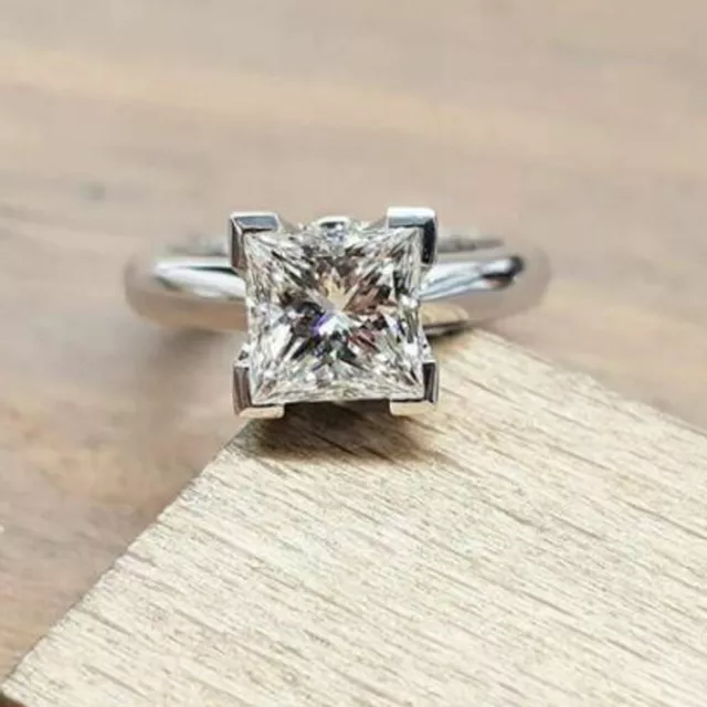 2Ct Princess Cut Moissanite Solitaire Engagement Ring 14K White Gold Plated 925