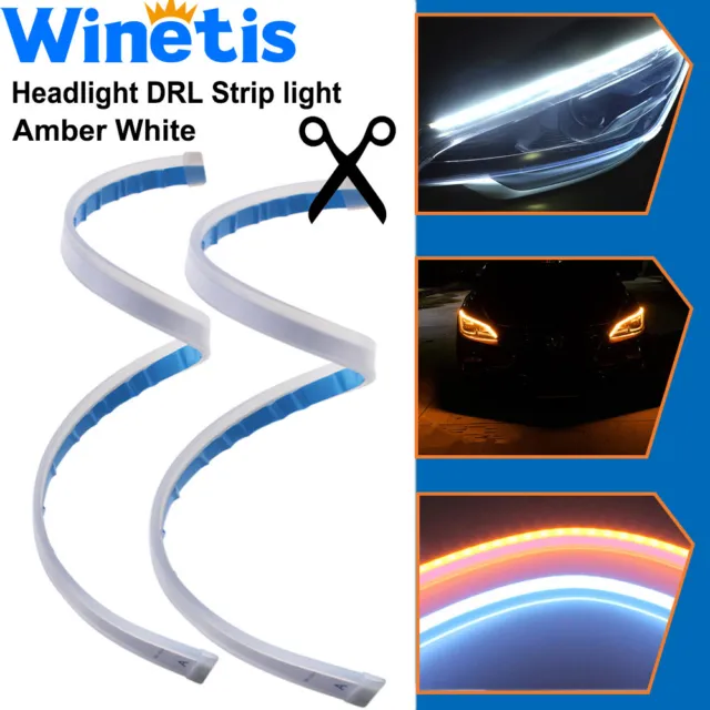 2x 45CM LED DRL Light Amber White Dynamic Flexible Turn Signal Strip Headlight