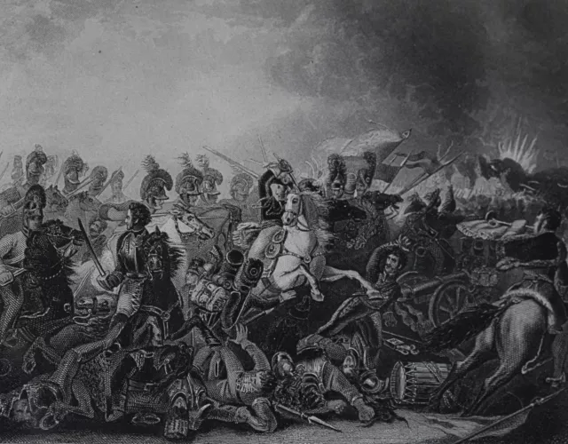 DECISIVE CHARGE OF THE BATTLE OF WATERLOO Aft LUKE CLENNELL ANTIQUE ENGRAVING c1