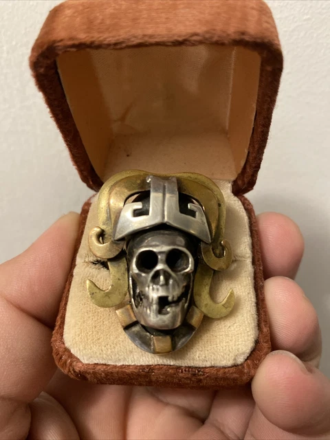 950 Silver Taxco Biker Skull Ring Sterling Brass Copper Mexico Many Hallmarks