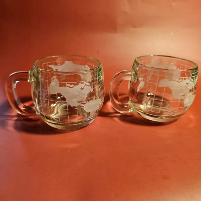 2 Vintage 1970s Nestle Co. World Globe Etched Clear Glass Coffee Mug Tea Cup