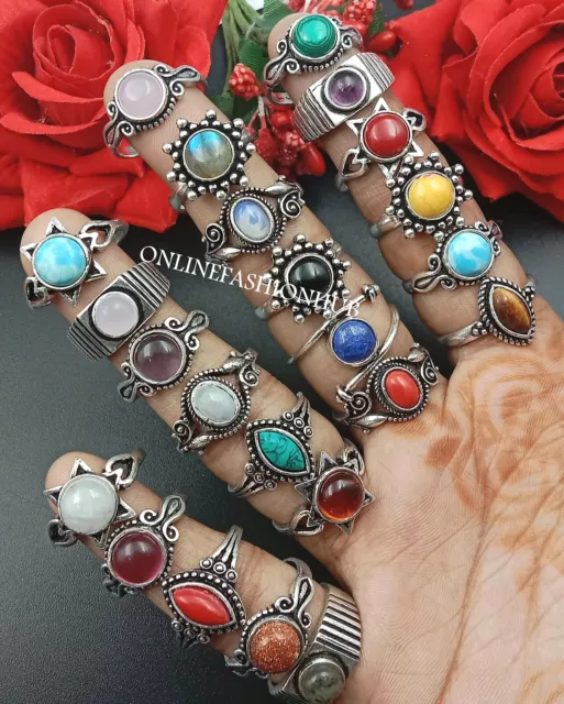 Rose Quartz & Mix Gemstone 925 Sterling Silver Plated Wholesale Lot Boho Rings