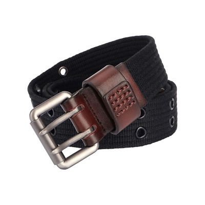 Mens Double Prong Vintage leather Wrap Webbing belt with Classic Buckle 38mm Web