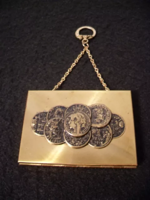 Vintage Art Deco Brass COIN COMPACT Chain Purse & Keychain ~ Faux French Coins