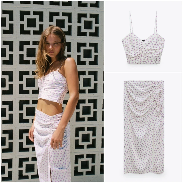ZARA WHITE CREAM Lilac Floral Print Satin Coord Top M and Skirt S, EXC