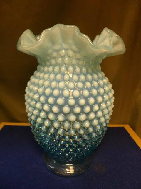 Vintage Fenton Opalescent Blue Hobnail Vase 8"